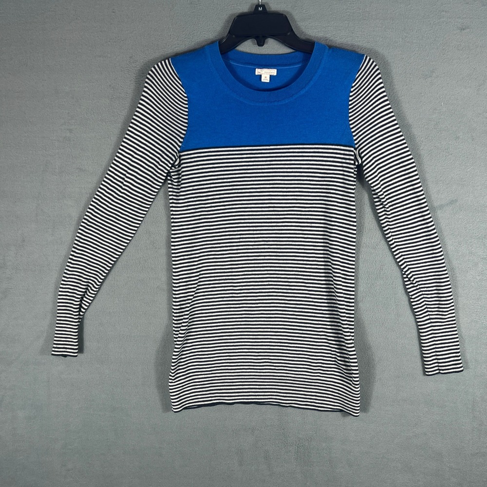 Gap Womens Sweater XS Blue Black White Striped Colorblock Long Sleeve Crew Neck